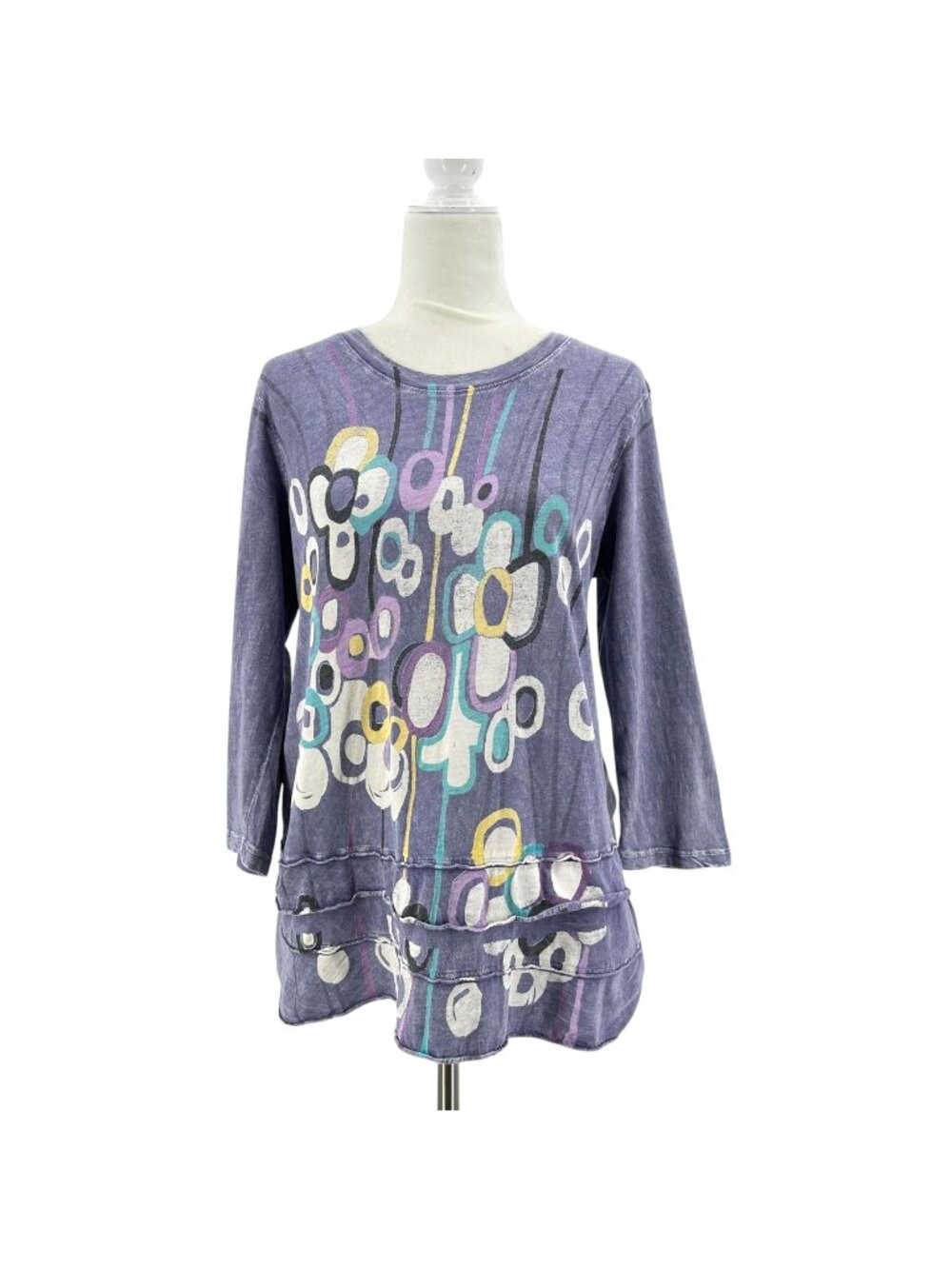 Jess & Jane Womens Small Tunic Top Abstract Floral Art Stone Wash Purple